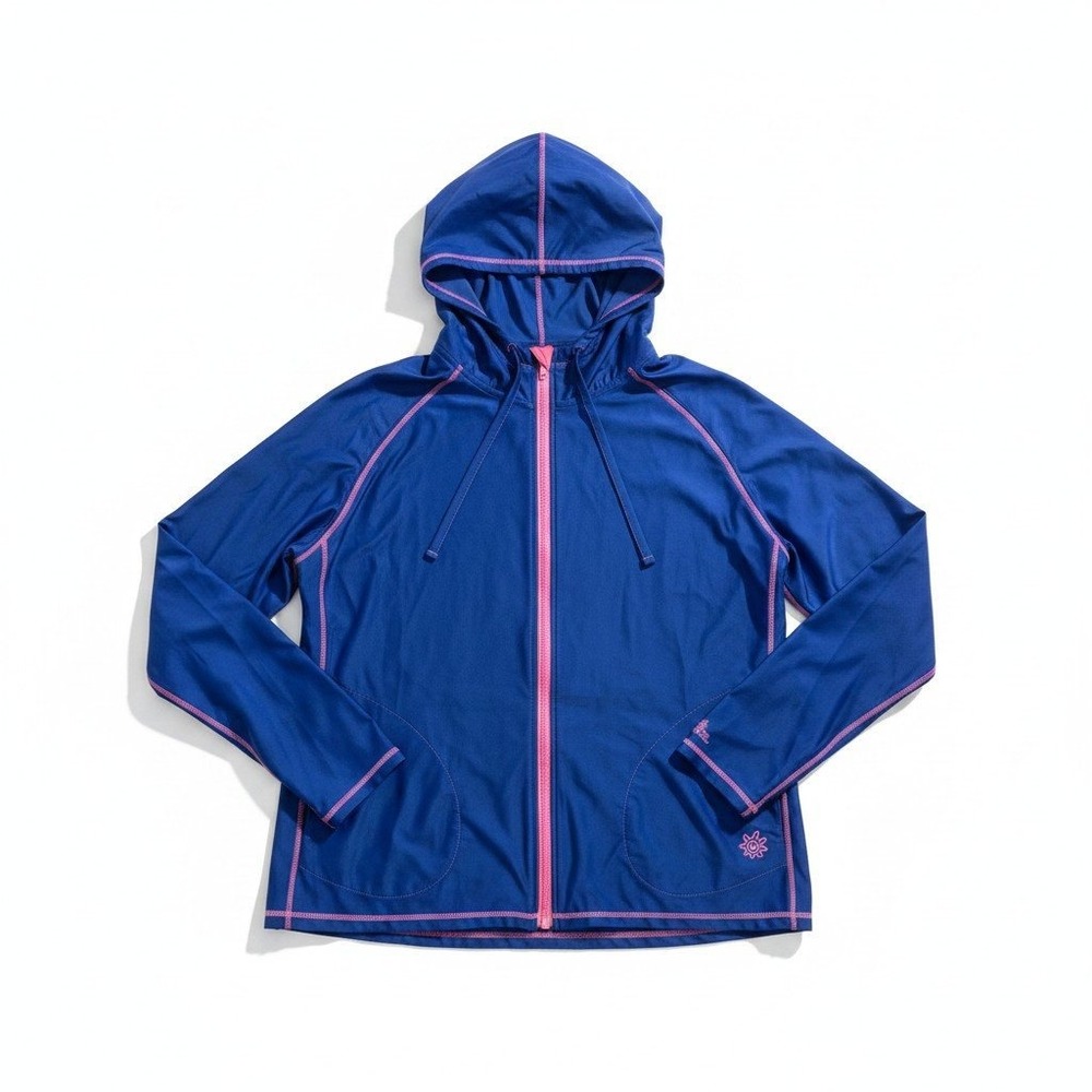 UV Skinz Womens 3XL Blue Pink Full Zip Hooded Rash Guard Swim Shirt Athleisure